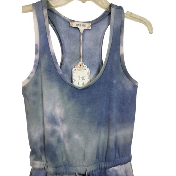3895) Pink Rose Sleeveless Blue tie Die Pockets Elastic waist Jumpsuit Small - Picture 2 of 8